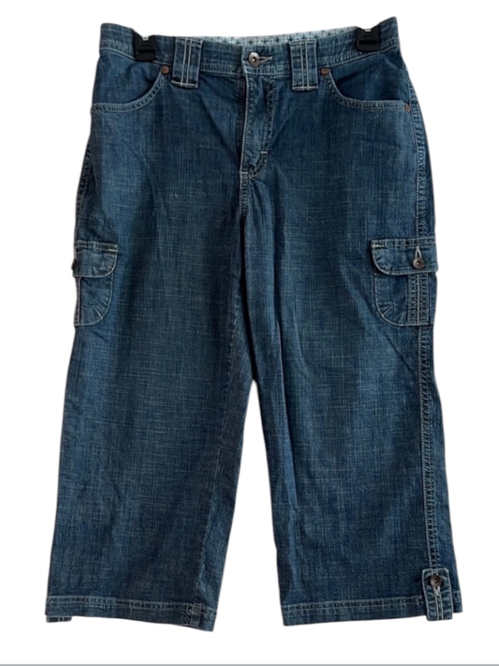 Lee Denim Cargo Capri Jeans Medium Wash Cropped Wide Leg Utility Pants Size 6